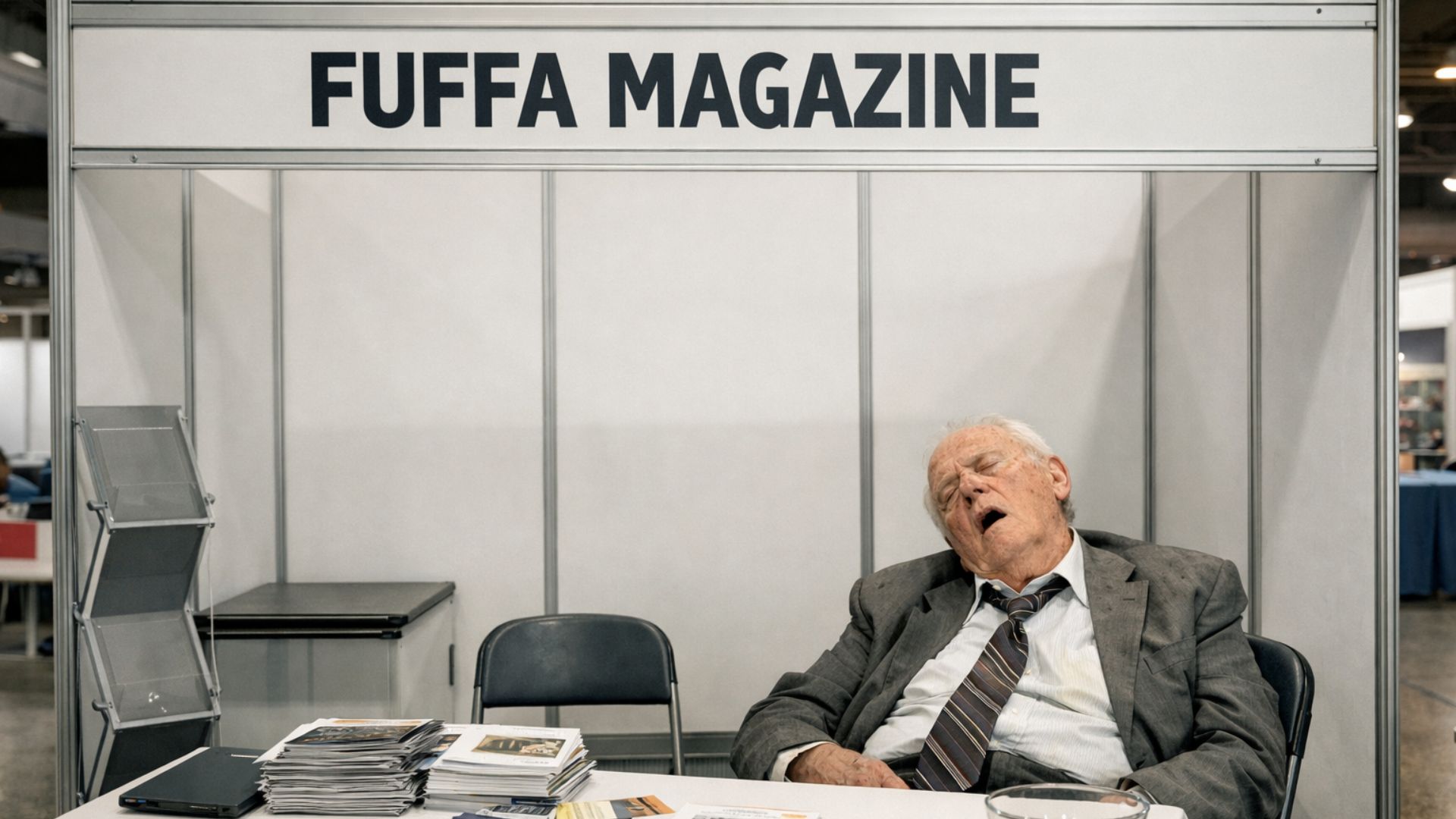 Uomo anziano in giacca e cravatta sgualcita che dorme su una sedia, seduto dietro un tavolo in uno stand fieristico vuoto con insegna “FUFFA MAGAZINE”.