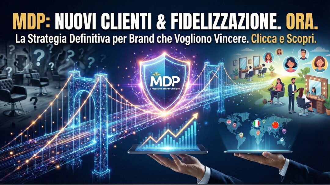Grafica promozionale con il testo "MDP: NUOVI CLIENTI & FIDELIZZAZIONE. ORA. La Strategia Definitiva per Brand che Vogliono Vincere. Clicca e Scopri.". L'immagine mostra un ponte digitale luminoso che collega un salone con punti interrogativi a un salone con clienti felici, un grafico di crescita su un tablet, una mappa globale con bandiere di Italia, Cina e Regno Unito, e il logo "MDP Il Magazine del Parrucchiere" in uno scudo.