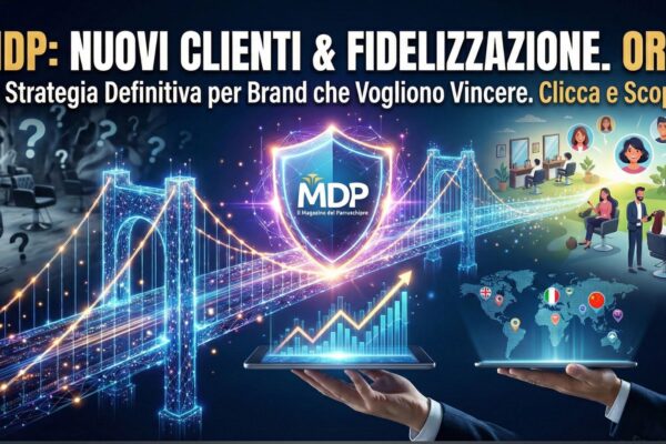 Grafica promozionale con il testo "MDP: NUOVI CLIENTI & FIDELIZZAZIONE. ORA. La Strategia Definitiva per Brand che Vogliono Vincere. Clicca e Scopri.". L'immagine mostra un ponte digitale luminoso che collega un salone con punti interrogativi a un salone con clienti felici, un grafico di crescita su un tablet, una mappa globale con bandiere di Italia, Cina e Regno Unito, e il logo "MDP Il Magazine del Parrucchiere" in uno scudo.