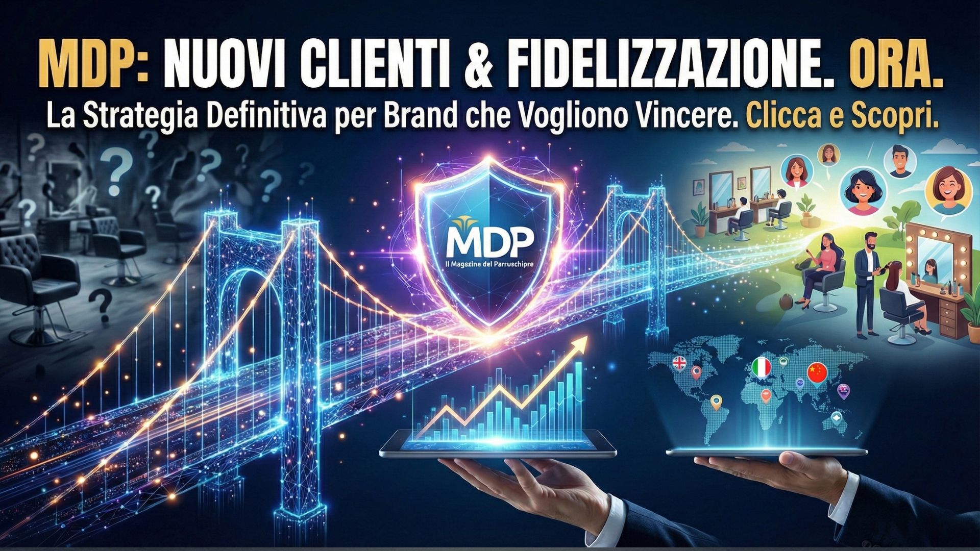 Grafica promozionale con il testo "MDP: NUOVI CLIENTI & FIDELIZZAZIONE. ORA. La Strategia Definitiva per Brand che Vogliono Vincere. Clicca e Scopri.". L'immagine mostra un ponte digitale luminoso che collega un salone con punti interrogativi a un salone con clienti felici, un grafico di crescita su un tablet, una mappa globale con bandiere di Italia, Cina e Regno Unito, e il logo "MDP Il Magazine del Parrucchiere" in uno scudo.
