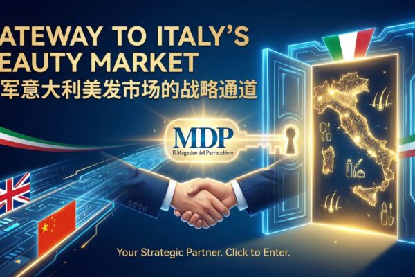 Strategic graphic showing a business handshake in front of a glowing portal shaped like Italy, with UK and Chinese flags, symbolizing international brands entering the Italian hair & beauty market via MDP.
