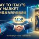 Strategic graphic showing a business handshake in front of a glowing portal shaped like Italy, with UK and Chinese flags, symbolizing international brands entering the Italian hair & beauty market via MDP.