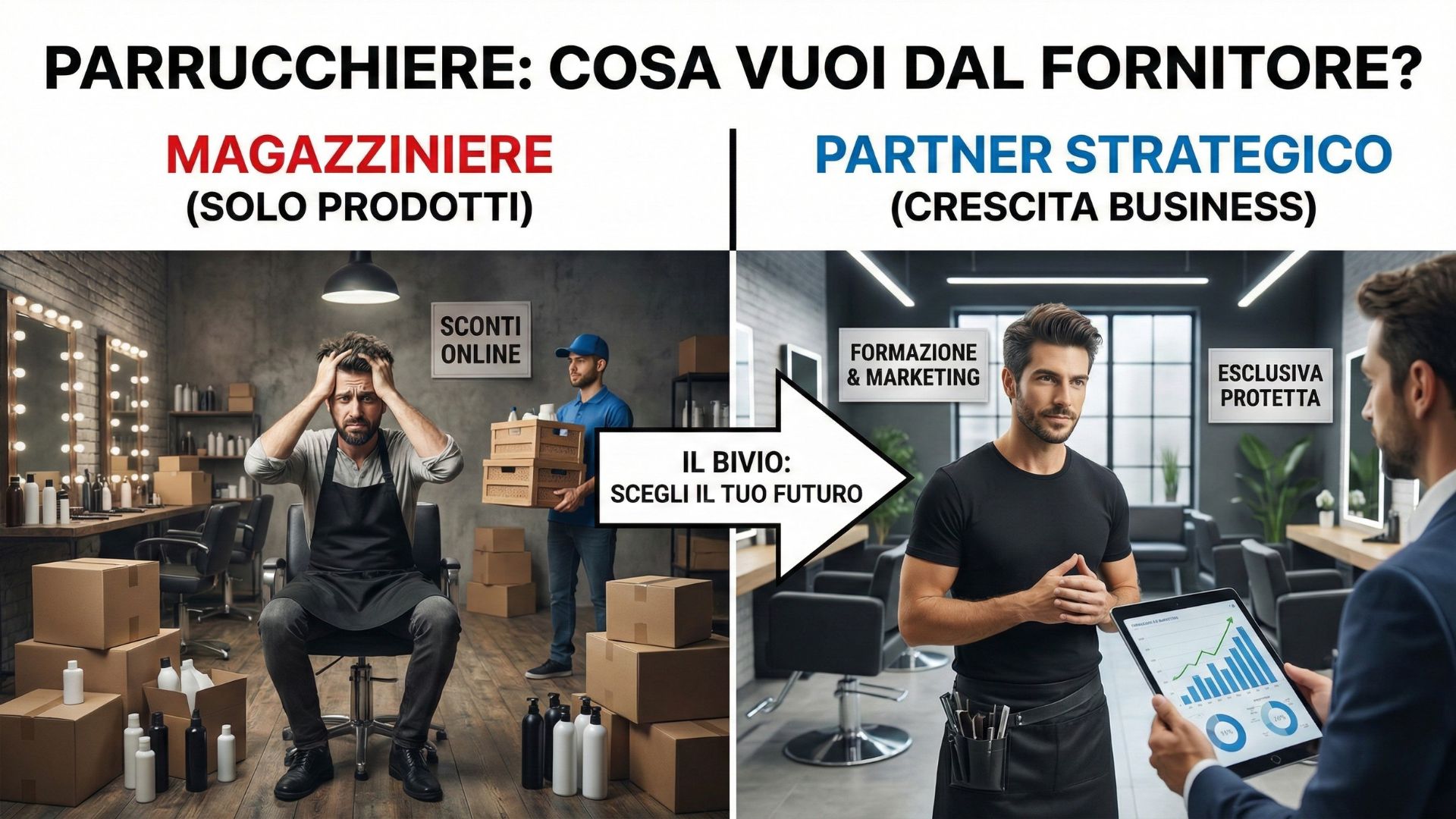 Confronto tra fornitore parrucchiere magazziniere con scatoloni e partner strategico business per salone.