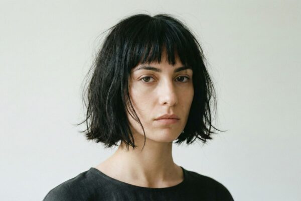Ritratto frontale di giovane donna con taglio di capelli a caschetto nero stile Japanese Bob spettinato, frangia irregolare e look naturale su sfondo neutro.