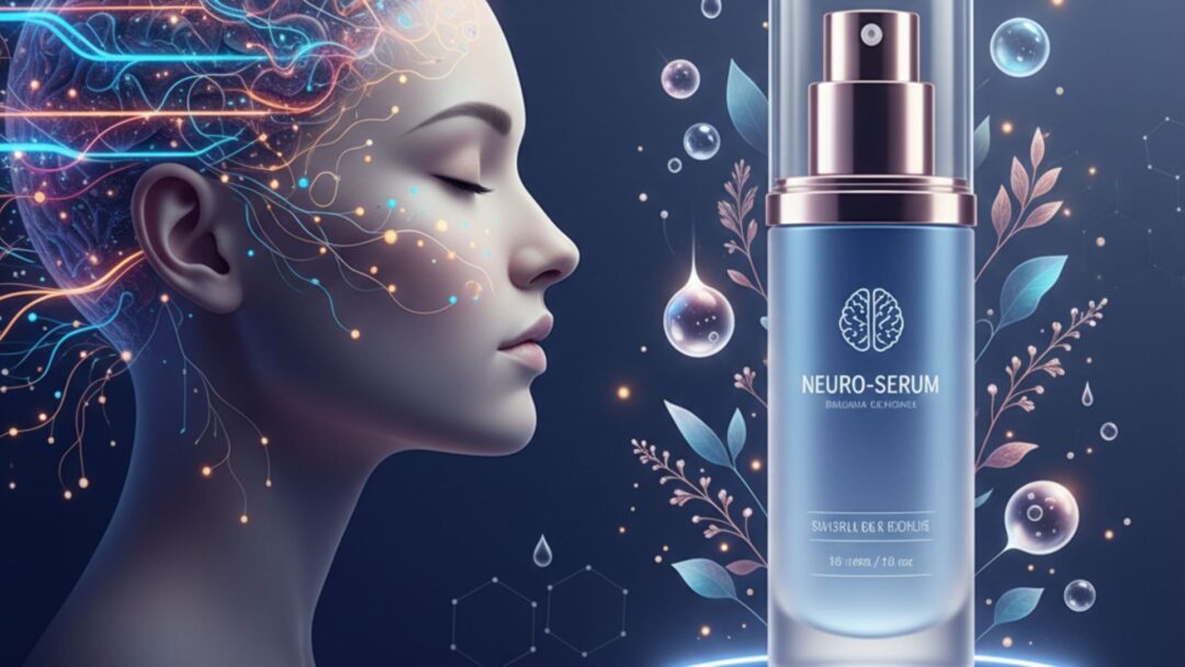 Rappresentazione concettuale di neuro-cosmesi con siero viso e connessioni neurali luminose su profilo femminile - MDP Il Magazine del Parrucchiere.