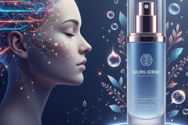 Rappresentazione concettuale di neuro-cosmesi con siero viso e connessioni neurali luminose su profilo femminile - MDP Il Magazine del Parrucchiere.