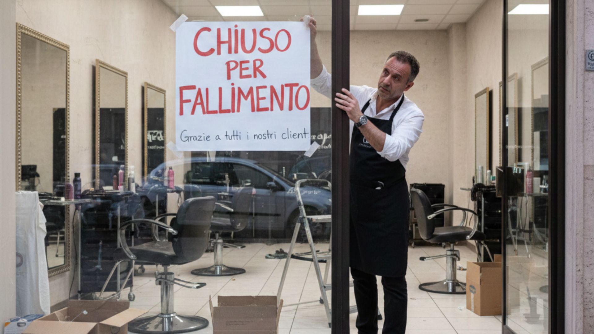 Parrucchiere sconfortato appende il cartello "Chiuso per fallimento" sulla vetrina del suo salone di bellezza, simbolo della crisi del settore.