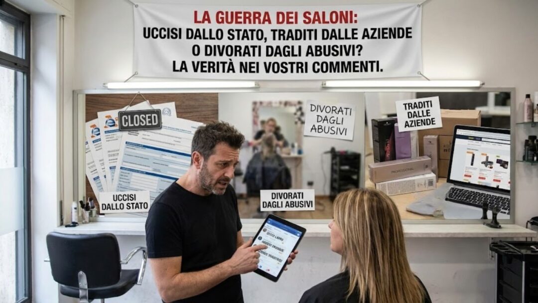 Un parrucchiere stressato all'interno del suo salone mostra a una cliente un tablet con commenti social. Sopra lo specchio un grande striscione recita: "LA GUERRA DEI SALONI: UCCISI DALLO STATO, TRADITI DALLE AZIENDE O DIVORATI DAGLI ABUSIVI? LA VERITÀ NEI VOSTRI COMMENTI.". Lo specchio riflette vari elementi: a sinistra, moduli dell'Agenzia delle Entrate e un cartello "CLOSED - UCCISI DALLO STATO"; al centro, note con scritto "DIVORATI DAGLI ABUSIVI"; a destra, un computer con un e-commerce di prodotti e note con scritto "TRADITI DALLE AZIENDE".