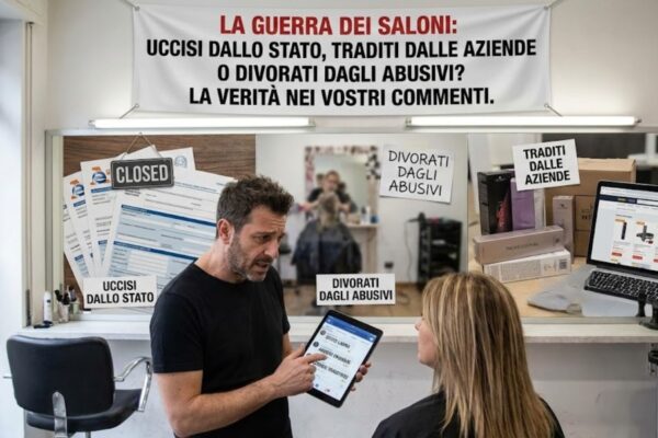 Un parrucchiere stressato all'interno del suo salone mostra a una cliente un tablet con commenti social. Sopra lo specchio un grande striscione recita: "LA GUERRA DEI SALONI: UCCISI DALLO STATO, TRADITI DALLE AZIENDE O DIVORATI DAGLI ABUSIVI? LA VERITÀ NEI VOSTRI COMMENTI.". Lo specchio riflette vari elementi: a sinistra, moduli dell'Agenzia delle Entrate e un cartello "CLOSED - UCCISI DALLO STATO"; al centro, note con scritto "DIVORATI DAGLI ABUSIVI"; a destra, un computer con un e-commerce di prodotti e note con scritto "TRADITI DALLE AZIENDE".