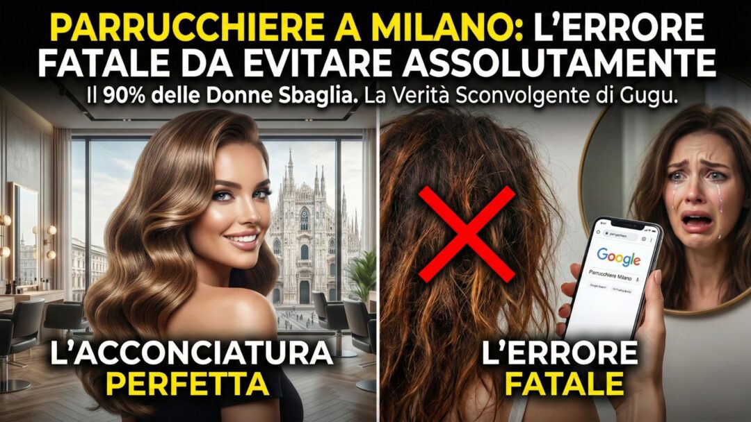 Immagine divisa a metà che mette a confronto un'acconciatura perfetta in un lussuoso salone di Milano con vista sul Duomo, e una donna disperata con i capelli rovinati che cerca un parrucchiere su Google tramite smartphone.