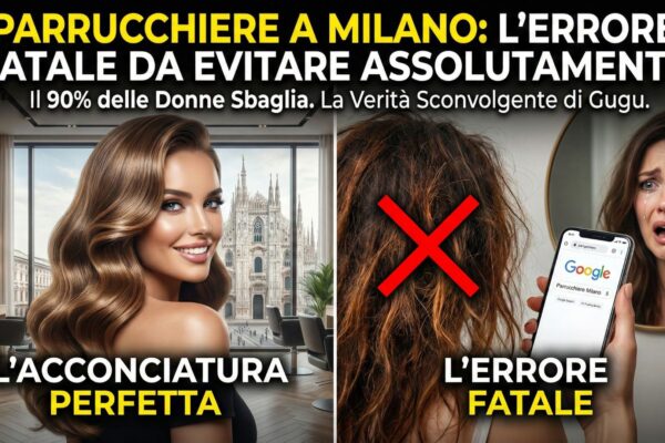 Immagine divisa a metà che mette a confronto un'acconciatura perfetta in un lussuoso salone di Milano con vista sul Duomo, e una donna disperata con i capelli rovinati che cerca un parrucchiere su Google tramite smartphone.