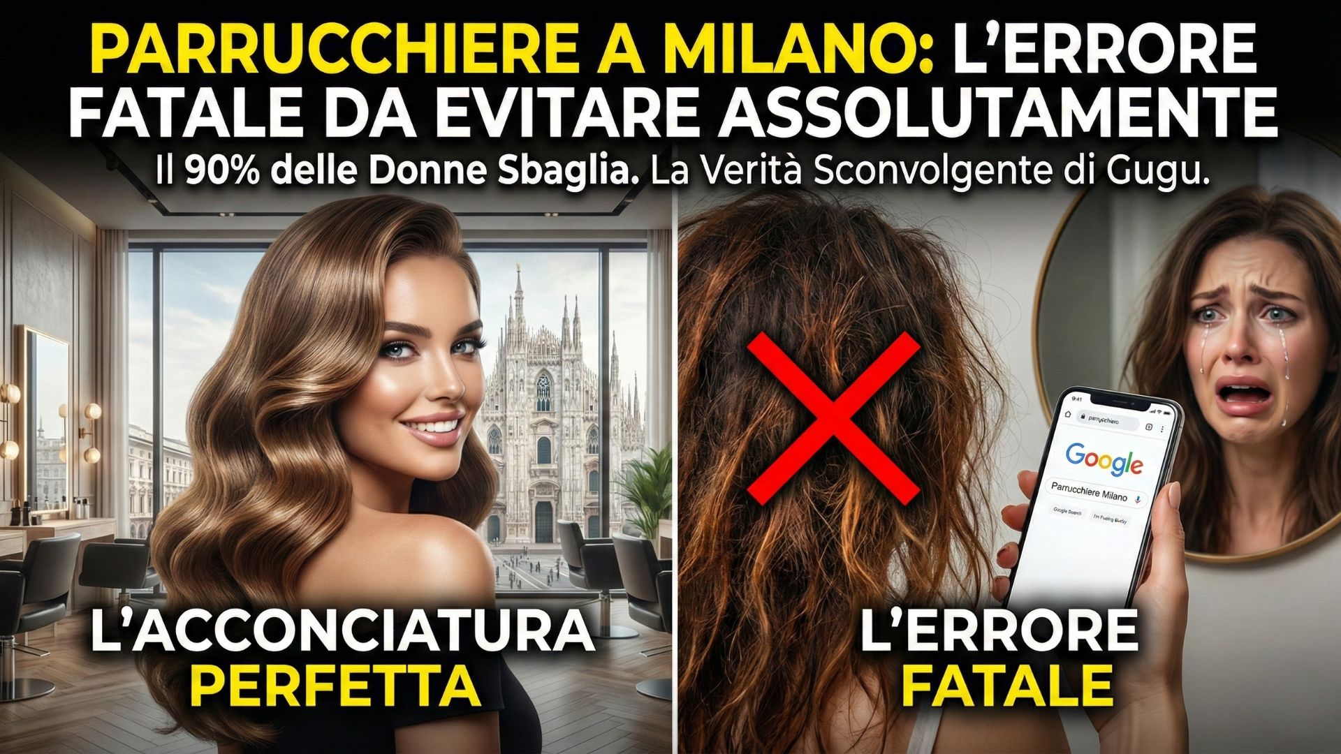 Immagine divisa a metà che mette a confronto un'acconciatura perfetta in un lussuoso salone di Milano con vista sul Duomo, e una donna disperata con i capelli rovinati che cerca un parrucchiere su Google tramite smartphone.