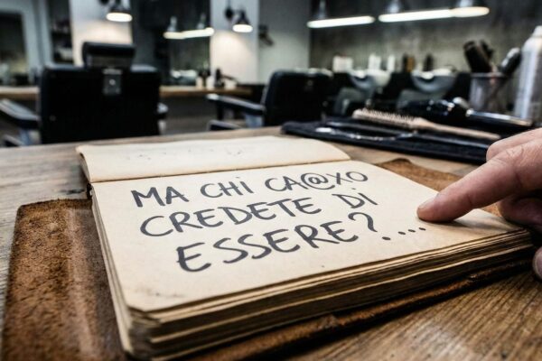 Primo piano di un taccuino appoggiato sul tavolo di un salone di parrucchiere vuoto, con una mano che indica la scritta provocatoria "MA CHI CA@XO CREDETE DI ESSERE?...".