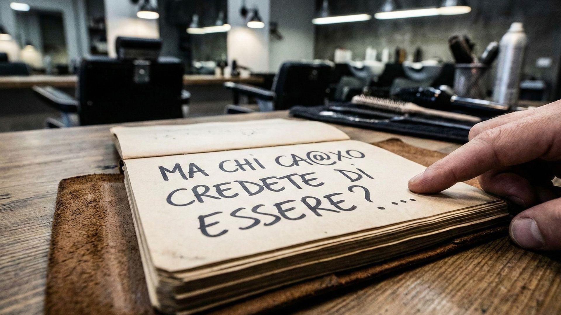 Primo piano di un taccuino appoggiato sul tavolo di un salone di parrucchiere vuoto, con una mano che indica la scritta provocatoria "MA CHI CA@XO CREDETE DI ESSERE?...".