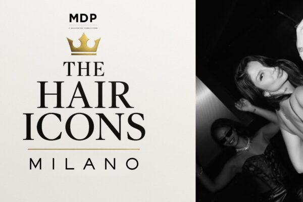 Logo THE HAIR ICONS MILANO con corona dorata MDP e persone che ballano in discoteca in bianco e nero per l'evento all'Hollywood.