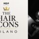 Logo THE HAIR ICONS MILANO con corona dorata MDP e persone che ballano in discoteca in bianco e nero per l'evento all'Hollywood.