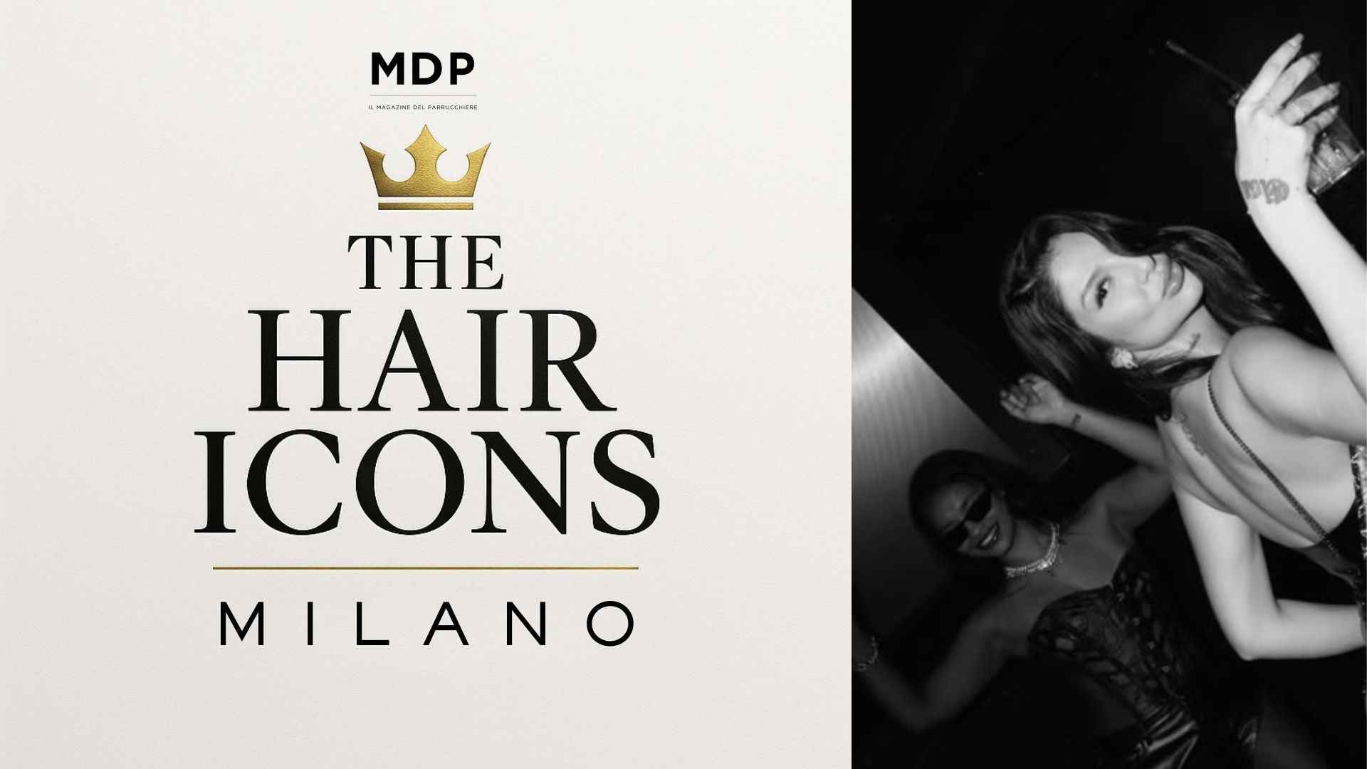 Logo THE HAIR ICONS MILANO con corona dorata MDP e persone che ballano in discoteca in bianco e nero per l'evento all'Hollywood.