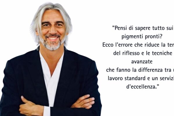 Paolo Venzo a braccia conserte accanto alla citazione sui pigmenti pronti e le tecniche avanzate di colorazione diretta per parrucchieri.