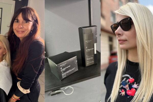 Un'immagine composita a tre pannelli che illustra il percorso di ricostruzione capelli Roverhair Ultimate Nutris: la stilista Fede e la modella bionda in salone durante la diagnosi, le confezioni nere dei prodotti Ultimate Nutris e Filler Bond in esposizione, e infine la modella all'aperto che mostra capelli biondo platino visibilmente sani, lucenti e rinvigoriti.