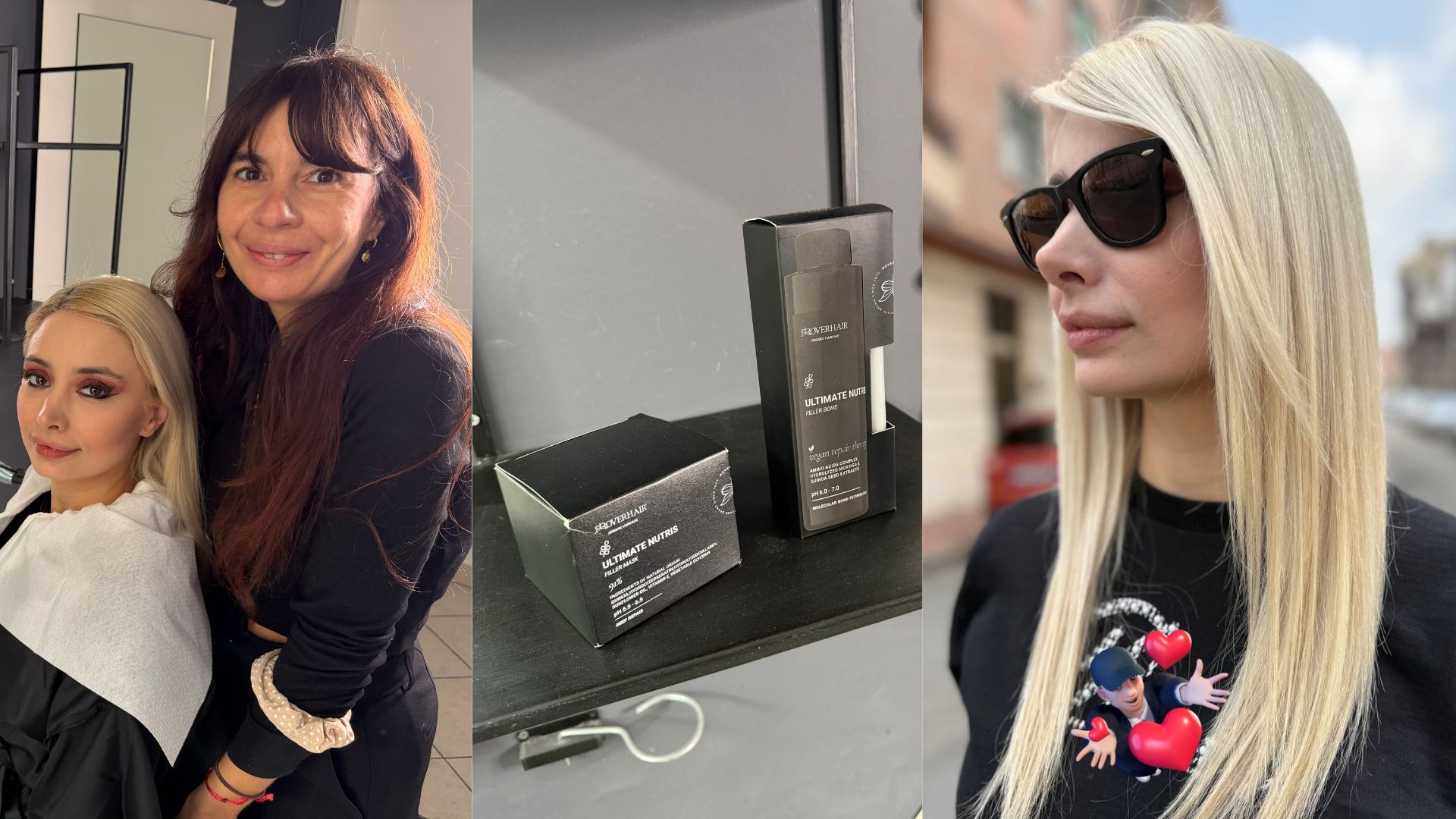 Un'immagine composita a tre pannelli che illustra il percorso di ricostruzione capelli Roverhair Ultimate Nutris: la stilista Fede e la modella bionda in salone durante la diagnosi, le confezioni nere dei prodotti Ultimate Nutris e Filler Bond in esposizione, e infine la modella all'aperto che mostra capelli biondo platino visibilmente sani, lucenti e rinvigoriti.