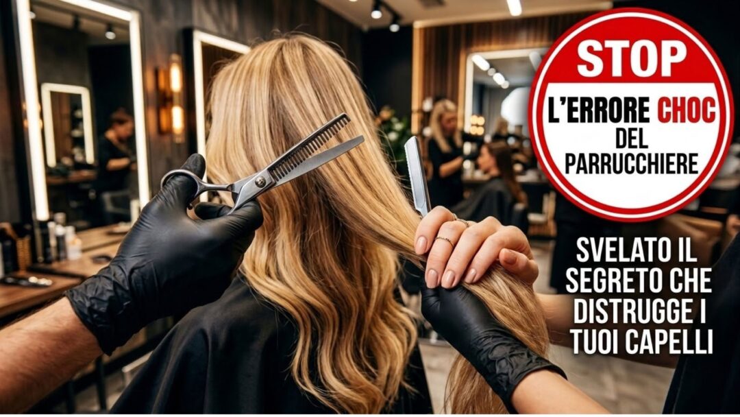 Una foto in prima persona che mostra mani guantate in lattice nero che tagliano una ciocca di lunghi capelli biondi con una sfiltatrice e una lama di rasoio in un lussuoso salone. Un cartello grafico sulla destra ha testo in italiano che recita 'STOP L'ERRORE CHOC DEL PARRUCCHIERE' e 'SVELATO IL SEGRETO CHE DISTRUGGE I TUOI CAPELLI'.