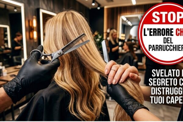Una foto in prima persona che mostra mani guantate in lattice nero che tagliano una ciocca di lunghi capelli biondi con una sfiltatrice e una lama di rasoio in un lussuoso salone. Un cartello grafico sulla destra ha testo in italiano che recita 'STOP L'ERRORE CHOC DEL PARRUCCHIERE' e 'SVELATO IL SEGRETO CHE DISTRUGGE I TUOI CAPELLI'.