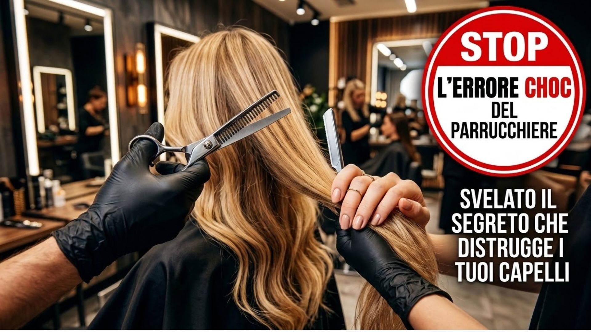 Una foto in prima persona che mostra mani guantate in lattice nero che tagliano una ciocca di lunghi capelli biondi con una sfiltatrice e una lama di rasoio in un lussuoso salone. Un cartello grafico sulla destra ha testo in italiano che recita 'STOP L'ERRORE CHOC DEL PARRUCCHIERE' e 'SVELATO IL SEGRETO CHE DISTRUGGE I TUOI CAPELLI'.