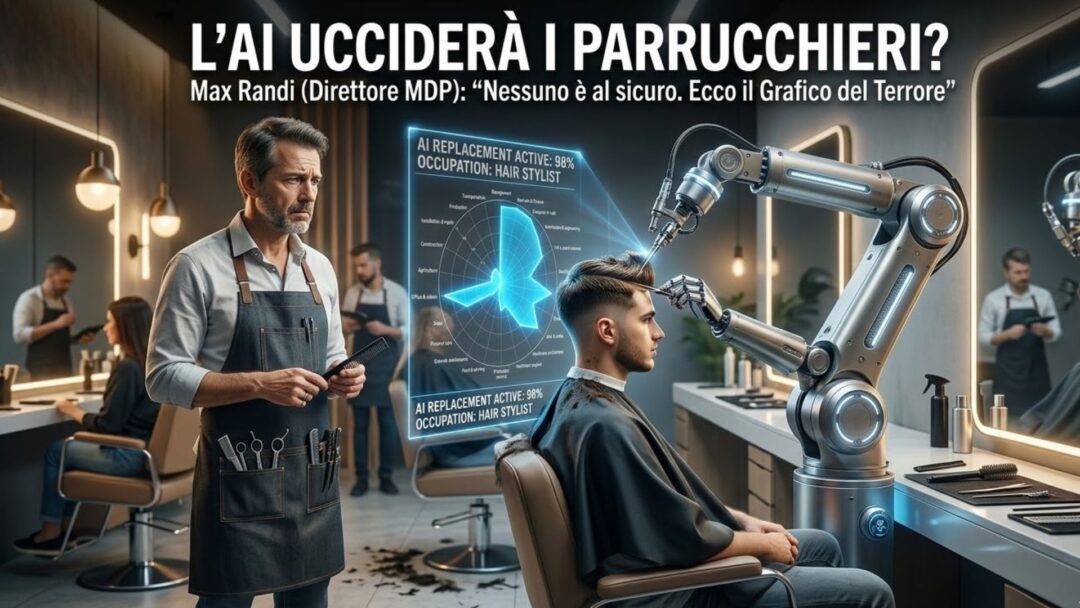 Immagine di un salone di barbiere con un braccio robotico che taglia i capelli a un cliente. Un parrucchiere preoccupato osserva un ologramma che segna il '98% AI Replacement Active' per la professione di parrucchiere. In alto è presente il testo italiano 'L'AI UCCIDERÀ I PARRUCCHIERI?'.