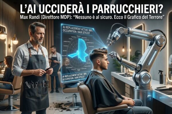Immagine di un salone di barbiere con un braccio robotico che taglia i capelli a un cliente. Un parrucchiere preoccupato osserva un ologramma che segna il '98% AI Replacement Active' per la professione di parrucchiere. In alto è presente il testo italiano 'L'AI UCCIDERÀ I PARRUCCHIERI?'.