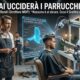Immagine di un salone di barbiere con un braccio robotico che taglia i capelli a un cliente. Un parrucchiere preoccupato osserva un ologramma che segna il '98% AI Replacement Active' per la professione di parrucchiere. In alto è presente il testo italiano 'L'AI UCCIDERÀ I PARRUCCHIERI?'.