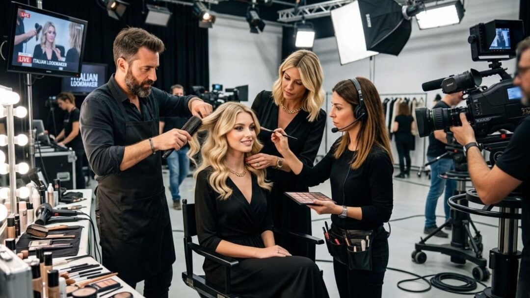 Parrucchiere, truccatrice e stylist che preparano il total look di una modella in uno studio televisivo davanti alle telecamere.