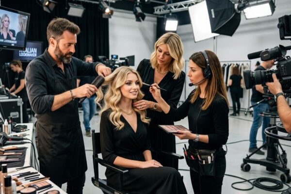 Parrucchiere, truccatrice e stylist che preparano il total look di una modella in uno studio televisivo davanti alle telecamere.