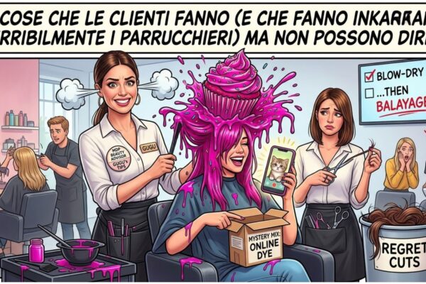 Un'illustrazione satirica a fumetti che mostra un parrucchiere frustrato circondato da cinque vignette comiche dei comportamenti irritanti delle clienti. In alto il testo: "5 COSE CHE LE CLIENTI FANNO (E CHE FANNO INKASSARE TERRIBILMENTE I PARRUCCHIERI) MA NON POSSONO DIRLO". Le vignette mostrano situazioni come l'uso di tinture online "fai da te" estreme, richieste dell'ultimo minuto e l'uso eccessivo del telefono durante il servizio.