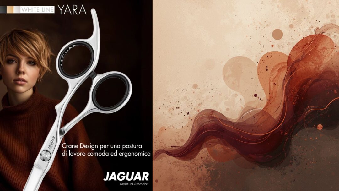 Forbici professionali Jaguar YARA in primo piano con modella dal taglio corto e grafica fluida astratta. Testo in sovrimpressione sul Crane Design ergonomico.
