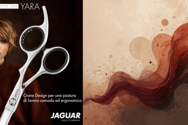Forbici professionali Jaguar YARA in primo piano con modella dal taglio corto e grafica fluida astratta. Testo in sovrimpressione sul Crane Design ergonomico.