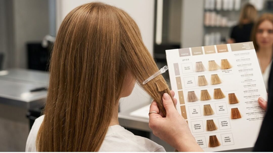 Primo piano delle mani di un parrucchiere che accosta una cartella colori a una ciocca di capelli biondo scuro di una cliente per scegliere la giusta nuance in salone.