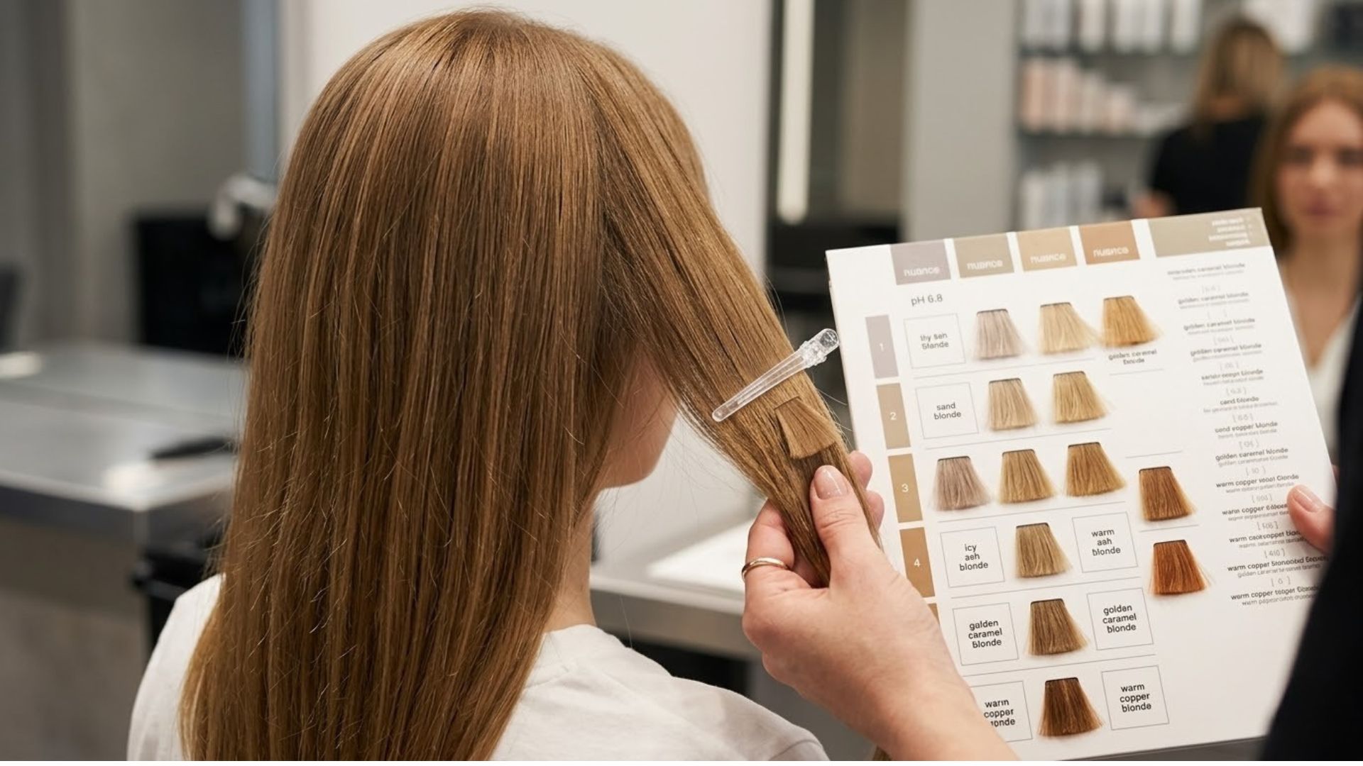 Primo piano delle mani di un parrucchiere che accosta una cartella colori a una ciocca di capelli biondo scuro di una cliente per scegliere la giusta nuance in salone.