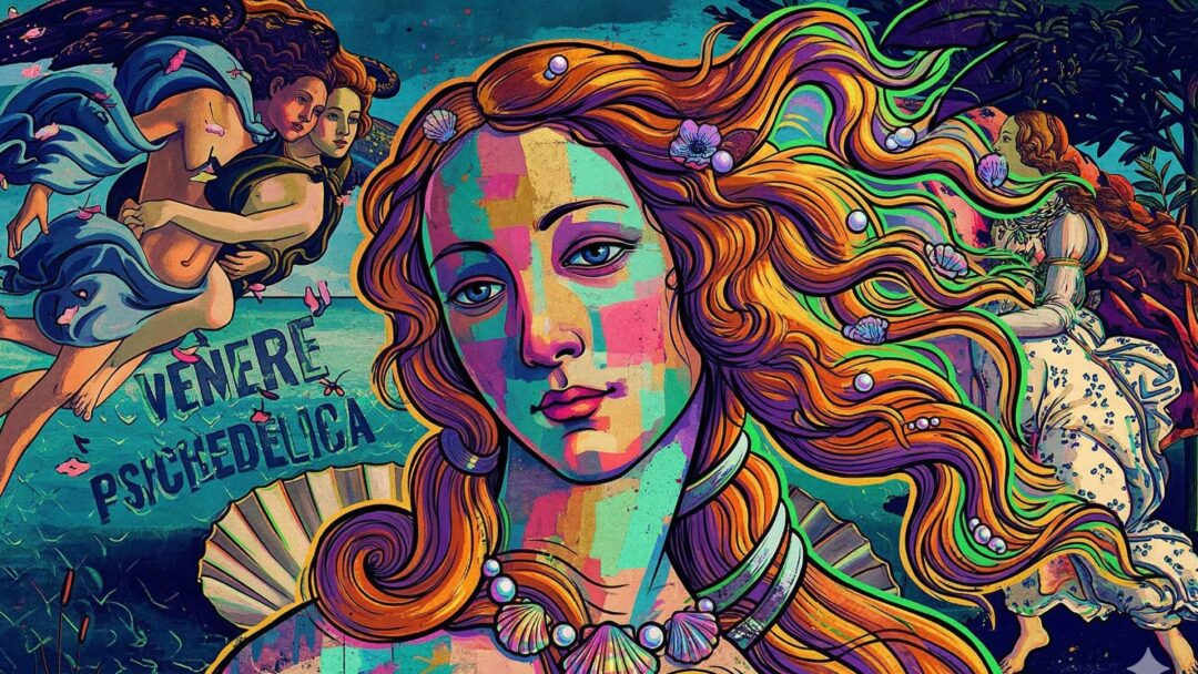 Illustrazione digitale della Nascita di Venere di Botticelli in stile psichedelico e pop art, con volto a blocchi di colori vivaci e la scritta Venere Psichedelica.