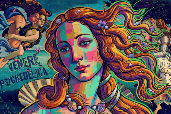 Illustrazione digitale della Nascita di Venere di Botticelli in stile psichedelico e pop art, con volto a blocchi di colori vivaci e la scritta Venere Psichedelica.