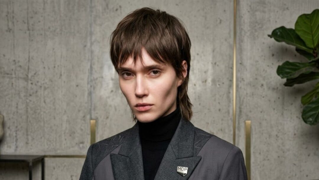 Modella con taglio corto sfilato Trixie Cut e giacca grigia con spilla MDP.