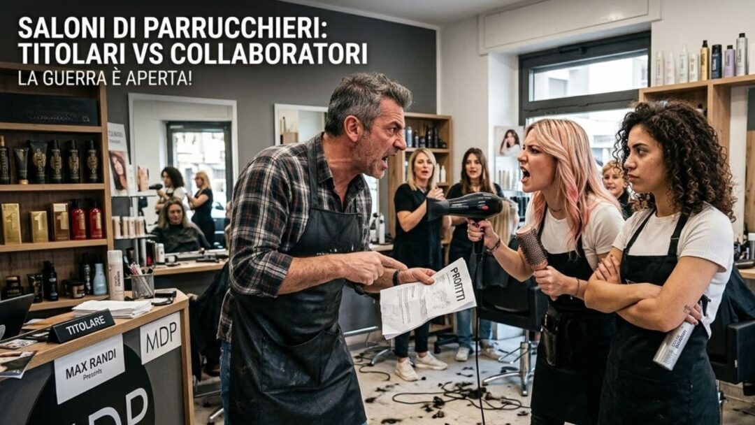 Fotografia realistica e caotica all'interno di un salone di parrucchieri italiano affollato. Un titolare di mezza età, furioso e stressato, urla contro due giovani collaboratrici parrucchiere defiant. L'uomo tiene in mano un foglio con la scritta "PROFITTI" e una scatola REVLON PROFESSIONAL. Le collaboratrici rispondono gridando, impugnando una spazzola rotonda e un asciugacapelli come se fossero armi difensive. Lo sfondo è ricco di dettagli: scaffali pieni di prodotti REVLON PROFESSIONAL, specchi, capelli a terra, altri clienti e lo staff che osserva la scena con stupore. Un cartello sul bancone recita "TITOLARE MAX RANDI Presents MDP".