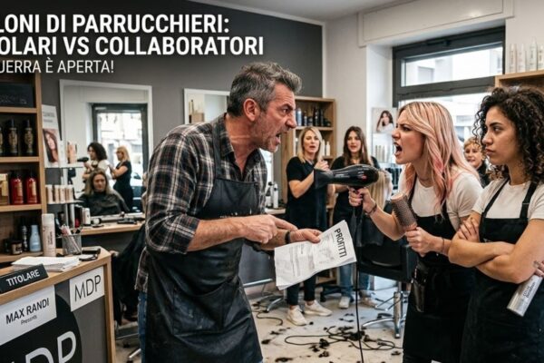 Fotografia realistica e caotica all'interno di un salone di parrucchieri italiano affollato. Un titolare di mezza età, furioso e stressato, urla contro due giovani collaboratrici parrucchiere defiant. L'uomo tiene in mano un foglio con la scritta "PROFITTI" e una scatola REVLON PROFESSIONAL. Le collaboratrici rispondono gridando, impugnando una spazzola rotonda e un asciugacapelli come se fossero armi difensive. Lo sfondo è ricco di dettagli: scaffali pieni di prodotti REVLON PROFESSIONAL, specchi, capelli a terra, altri clienti e lo staff che osserva la scena con stupore. Un cartello sul bancone recita "TITOLARE MAX RANDI Presents MDP".