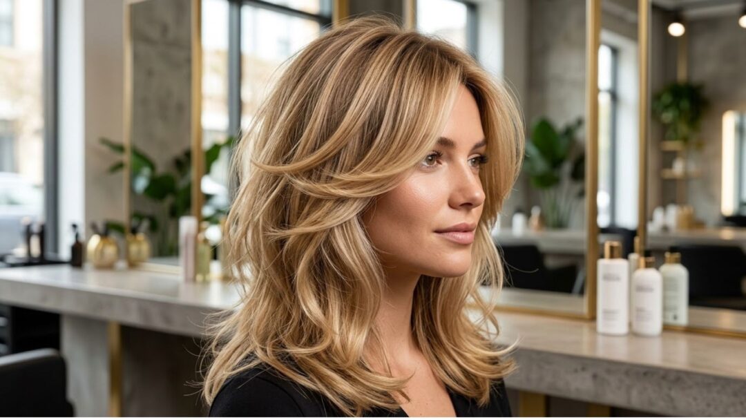Ritratto in tre quarti di una giovane donna con un taglio Halo Layers biondo miele, mosso e voluminoso. Guarda verso destra. L'ambientazione è un salone di parrucchieri moderno e luminoso con specchi dalla cornice dorata, piante verdi e prodotti professionali esposti su un bancone di cemento in background. L'illuminazione è calda e diffusa.