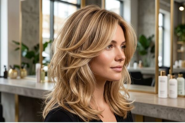 Ritratto in tre quarti di una giovane donna con un taglio Halo Layers biondo miele, mosso e voluminoso. Guarda verso destra. L'ambientazione è un salone di parrucchieri moderno e luminoso con specchi dalla cornice dorata, piante verdi e prodotti professionali esposti su un bancone di cemento in background. L'illuminazione è calda e diffusa.