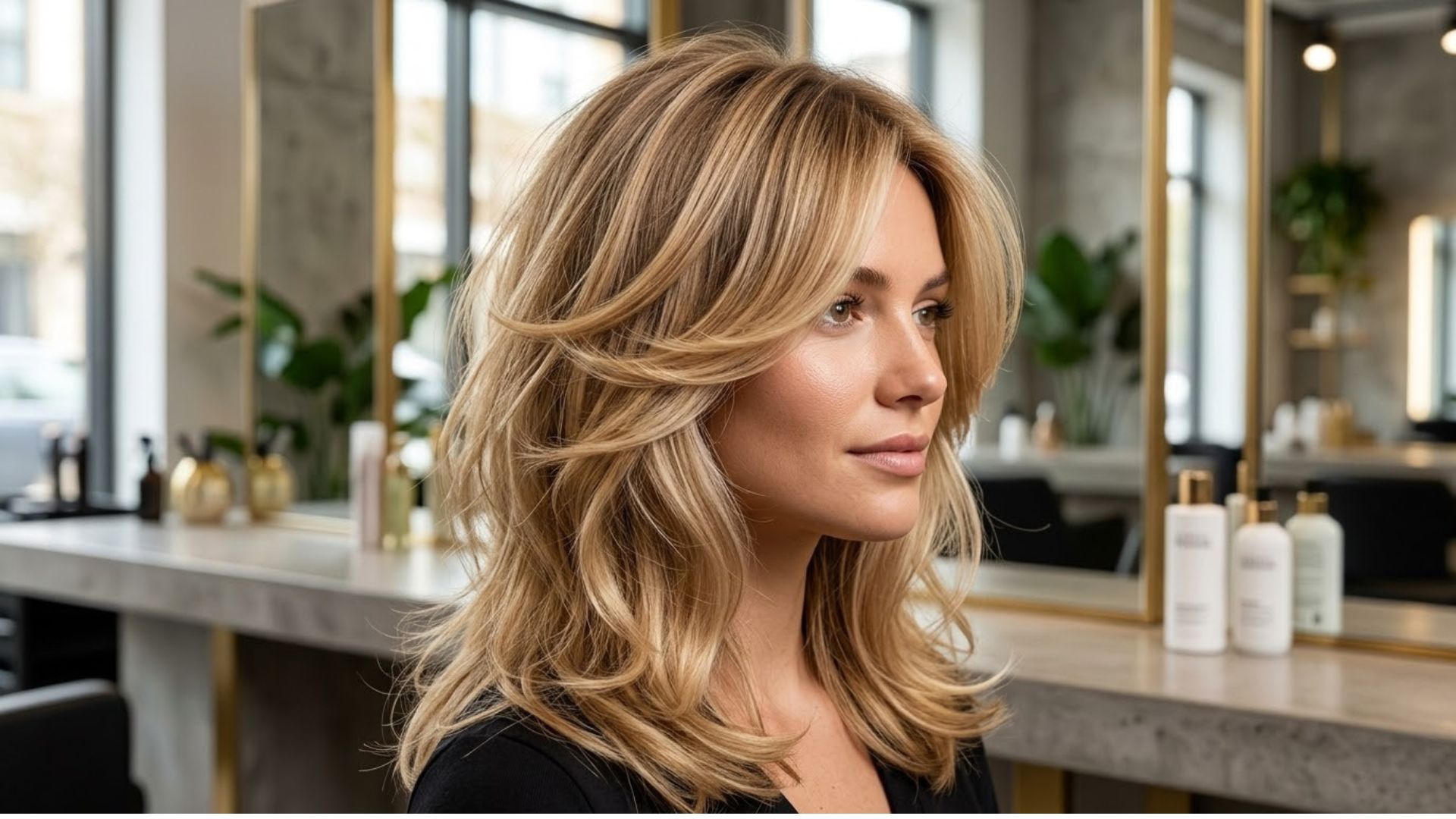 Ritratto in tre quarti di una giovane donna con un taglio Halo Layers biondo miele, mosso e voluminoso. Guarda verso destra. L'ambientazione è un salone di parrucchieri moderno e luminoso con specchi dalla cornice dorata, piante verdi e prodotti professionali esposti su un bancone di cemento in background. L'illuminazione è calda e diffusa.