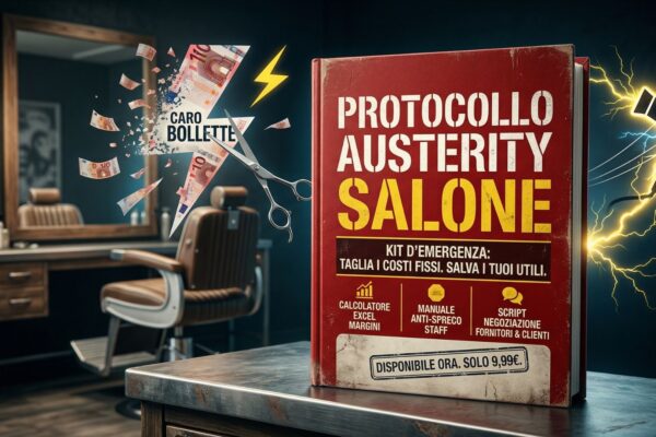Un'immagine fotografica dettagliata di una copertina di manuale tattile e invecchiata, intitolata in modo deciso 'PROTOCOLLO AUSTERITY SALONE' in lettere rosse e oro, presentata come un 'KIT D'EMERGENZA' per tagliare i costi fissi e salvare gli utili per i proprietari di saloni di acconciature. La guida include tre componenti chiave: un calcolatore di margini, un manuale anti-spreco per il personale e script di negoziazione. A sinistra, frammenti di banconote Euro sono tagliati da forbici e un fulmine giallo vicino a un cartello 'CARO BOLLETTE'. A destra, un'icona di asciugacapelli con scintille elettriche blu e gialle simboleggia lo spreco di energia. L'intera scena è ambientata in un salone di acconciature testurizzato e realistico, con uno stampo che indica la disponibilità immediata a soli 9,99€.