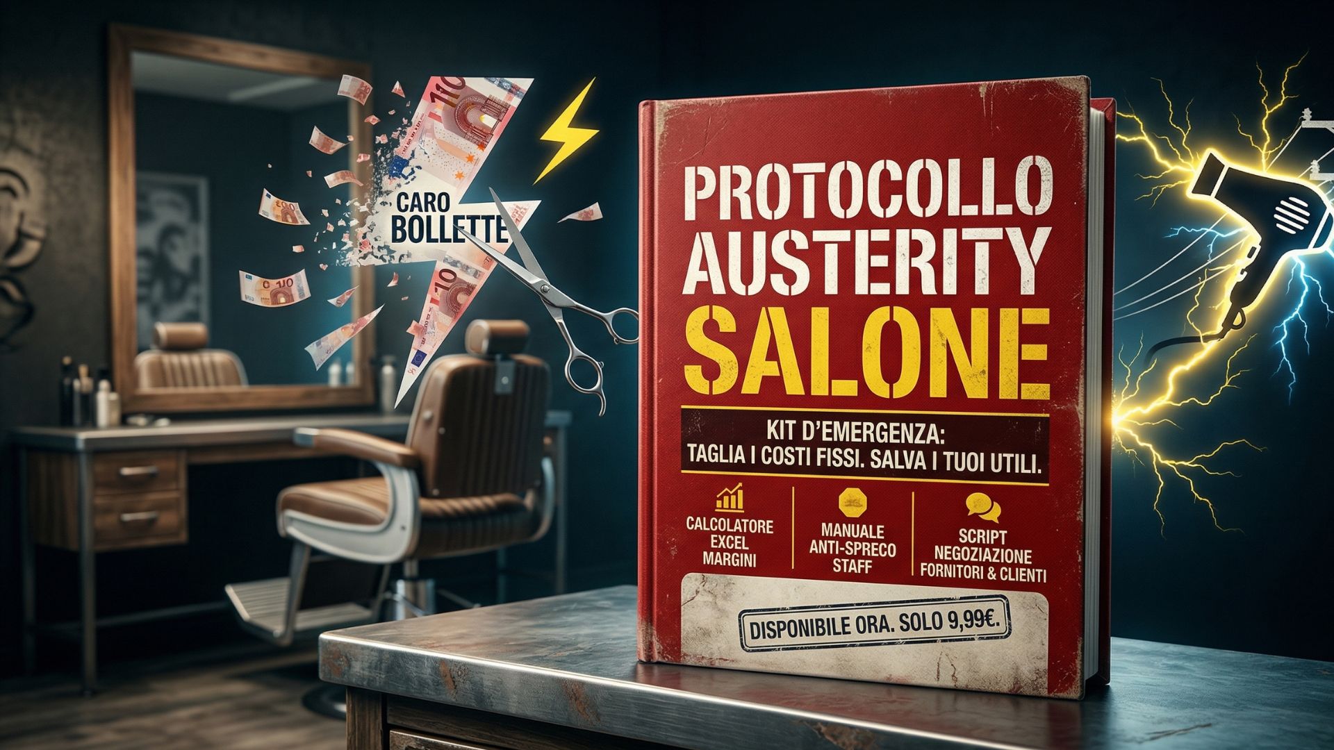Un'immagine fotografica dettagliata di una copertina di manuale tattile e invecchiata, intitolata in modo deciso 'PROTOCOLLO AUSTERITY SALONE' in lettere rosse e oro, presentata come un 'KIT D'EMERGENZA' per tagliare i costi fissi e salvare gli utili per i proprietari di saloni di acconciature. La guida include tre componenti chiave: un calcolatore di margini, un manuale anti-spreco per il personale e script di negoziazione. A sinistra, frammenti di banconote Euro sono tagliati da forbici e un fulmine giallo vicino a un cartello 'CARO BOLLETTE'. A destra, un'icona di asciugacapelli con scintille elettriche blu e gialle simboleggia lo spreco di energia. L'intera scena è ambientata in un salone di acconciature testurizzato e realistico, con uno stampo che indica la disponibilità immediata a soli 9,99€.