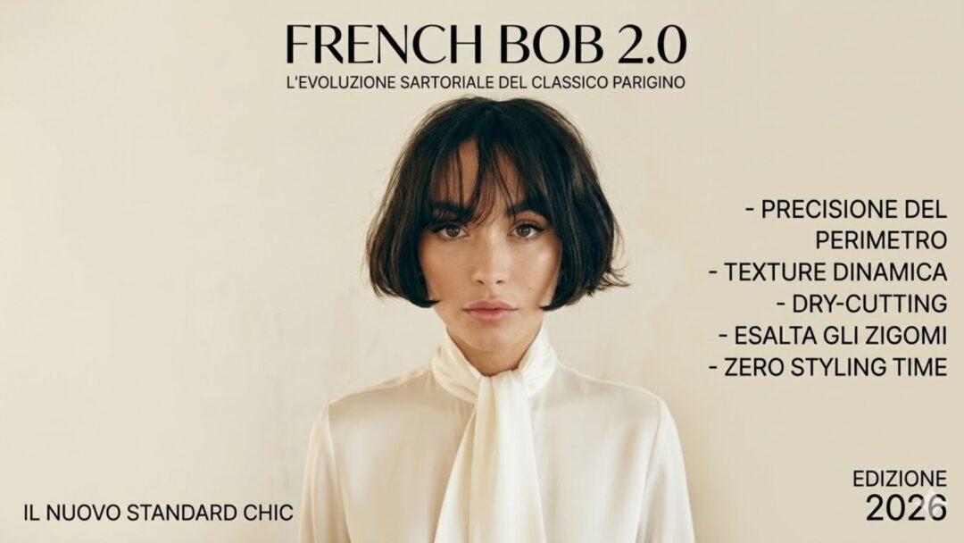 Foto editoriale di una donna con taglio di capelli a bob francese nero e camicetta bianca. Testo in alto: "FRENCH BOB 2.0". Elenco di caratteristiche a destra in italiano, tra cui "Precisione del perimetro", "Dry-cutting", ed "Esatta gli zigomi". Data "Edizione 2026" nell'angolo in basso a destra.