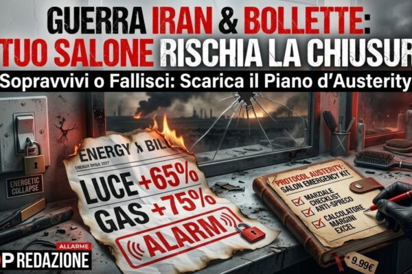 Un'immagine drammatica e fotorealistica di un salone di parrucchiere in rovina, che unisce lo scenario di un'attività commerciale con l'emergenza finanziaria e la crisi globale. In sovraimpressione, un grande testo rosso e nero recita: "GUERRA IRAN & BOLLETTE: IL TUO SALONE RISCHIA LA CHIUSURA!". Al centro, un'enorme bolletta energetica cartacea stropicciata ebruciata mostra i loghi "ENERGY BILL", "EMERGENCY BILL", le percentuali "LUCE +65%", "GAS +75%", e un grande timbro rosso "ALARM", ed è parzialmente in fiamme. Sulla destra, un manuale tattile e invecchiato, che sembra pelle e carta, ha il titolo "PROTOCOL AUSTERITY: SALON EMERGENCY KIT". Il manuale mostra un elenco puntato con checkmark, tra cui "MARZIALE CHECKLIST ANTI-SPRECO" e "CALCOLATORE MARGINI EXCEL". C'è un'etichetta del prezzo di "9.99€". Una mano con un guanto nero tiene una penna rossa, pronta a spuntare le voci. Accanto ci sono strumenti da salone come spazzole, asciugacapelli e flaconi, ora dusty. Sulla sinistra, una parete di cemento grezza con un interruttore generale e un lucchetto su cui è scritto "ENERGETIC COLLAPSE". Lo sfondo, visibile attraverso una finestra con vetri rotti e fumo all'esterno, suggerisce un conflitto o un disastro in lontananza. In basso a sinistra, il logo "MDP REDAZIONE" con un piccolo "ALLARME" sopra.