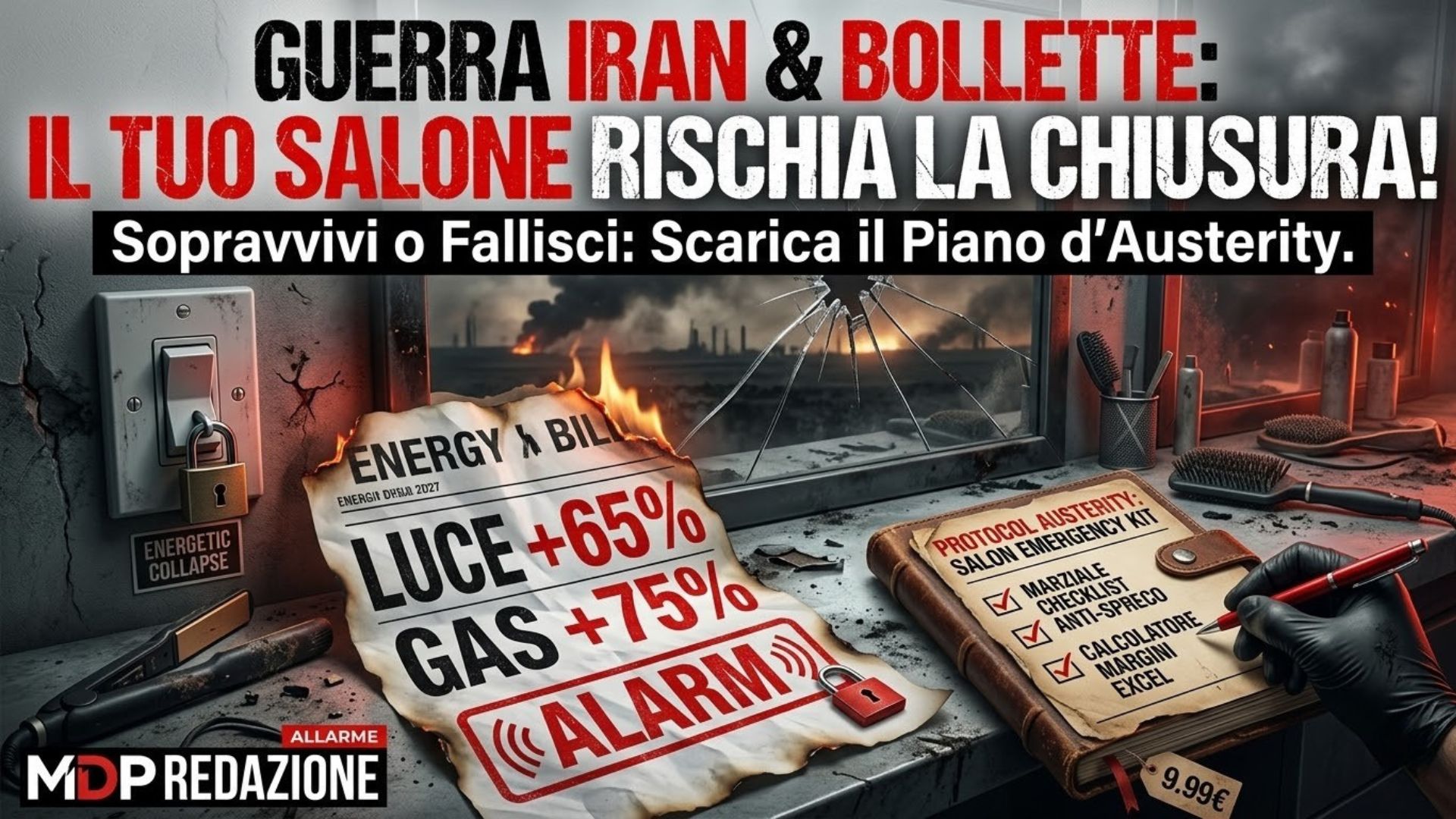 Un'immagine drammatica e fotorealistica di un salone di parrucchiere in rovina, che unisce lo scenario di un'attività commerciale con l'emergenza finanziaria e la crisi globale. In sovraimpressione, un grande testo rosso e nero recita: "GUERRA IRAN & BOLLETTE: IL TUO SALONE RISCHIA LA CHIUSURA!". Al centro, un'enorme bolletta energetica cartacea stropicciata ebruciata mostra i loghi "ENERGY BILL", "EMERGENCY BILL", le percentuali "LUCE +65%", "GAS +75%", e un grande timbro rosso "ALARM", ed è parzialmente in fiamme. Sulla destra, un manuale tattile e invecchiato, che sembra pelle e carta, ha il titolo "PROTOCOL AUSTERITY: SALON EMERGENCY KIT". Il manuale mostra un elenco puntato con checkmark, tra cui "MARZIALE CHECKLIST ANTI-SPRECO" e "CALCOLATORE MARGINI EXCEL". C'è un'etichetta del prezzo di "9.99€". Una mano con un guanto nero tiene una penna rossa, pronta a spuntare le voci. Accanto ci sono strumenti da salone come spazzole, asciugacapelli e flaconi, ora dusty. Sulla sinistra, una parete di cemento grezza con un interruttore generale e un lucchetto su cui è scritto "ENERGETIC COLLAPSE". Lo sfondo, visibile attraverso una finestra con vetri rotti e fumo all'esterno, suggerisce un conflitto o un disastro in lontananza. In basso a sinistra, il logo "MDP REDAZIONE" con un piccolo "ALLARME" sopra.